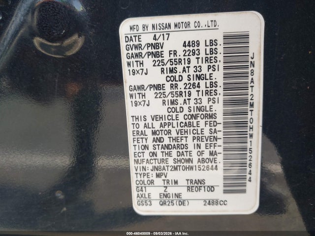 46040009 :رقم المزاد ، JN8AT2MT0HW152644 vin ، 2017 Nissan Rogue Sl مزاد بيع