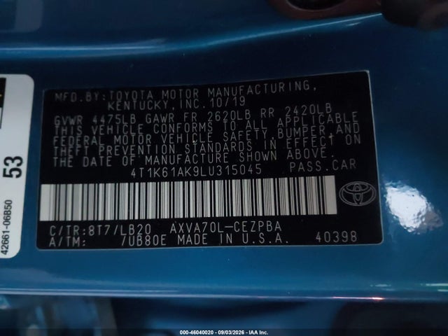 Продажа на аукционе авто 2020 Toyota Camry Xse, vin: 4T1K61AK9LU315045, номер лота: 46040020