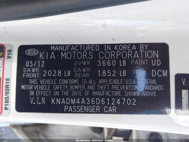 Продажа на аукционе авто 2013 Kia Rio Lx, vin: KNADM4A36D6124702, номер лота: 46040022