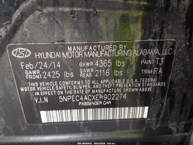 Продаж на аукціоні авто 2014 Hyundai Sonata Se, vin: 5NPEC4ACXEH902274, номер лоту: 46040042