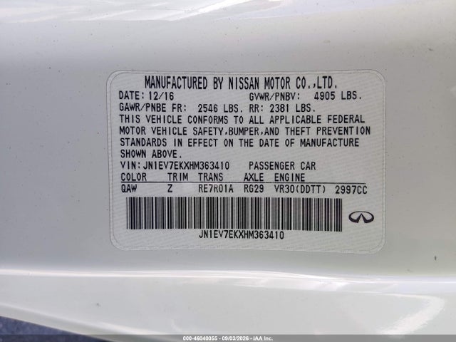 Продаж на аукціоні авто 2017 Infiniti Q60 3.0t Sport, vin: JN1EV7EKXHM363410, номер лоту: 46040055