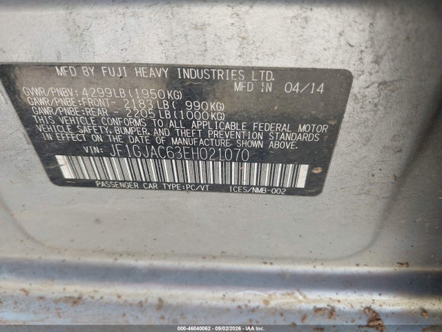 Продажа на аукционе авто 2014 Subaru Impreza 2.0i Premium, vin: JF1GJAC63EH021070, номер лота: 46040062