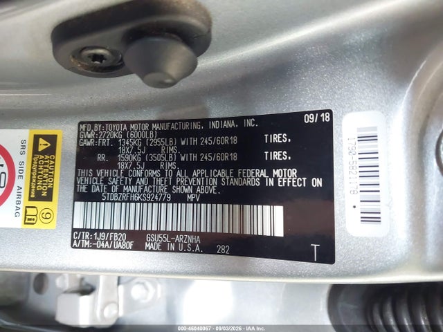 Продаж на аукціоні авто 2019 Toyota Highlander Le, vin: 5TDBZRFH6KS924779, номер лоту: 46040067