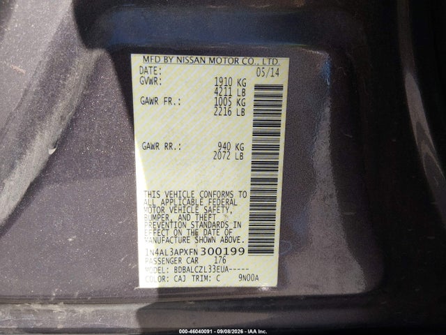 Продаж на аукціоні авто 2015 Nissan Altima 2.5/2.5 S/2.5 Sl/2.5 Sv, vin: 1N4AL3APXFN300199, номер лоту: 46040091