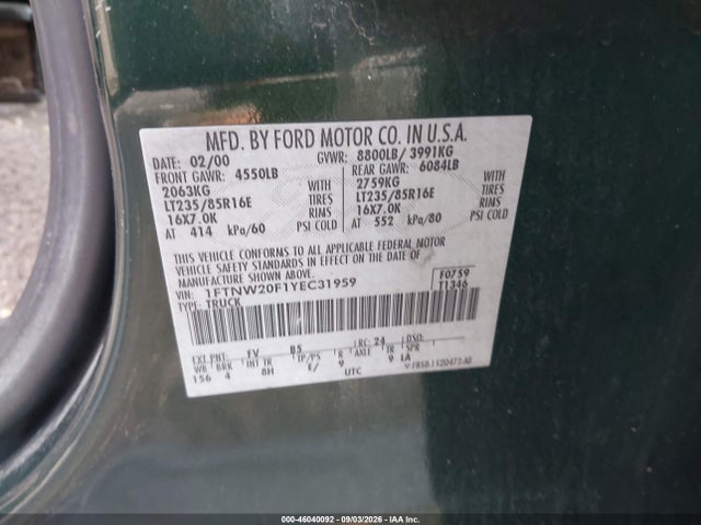 Aukcja sprzedaży 2000 Ford F-250 Lariat/xl/xlt, vin: 1FTNW20F1YEC31959, numer aukcji: 46040092