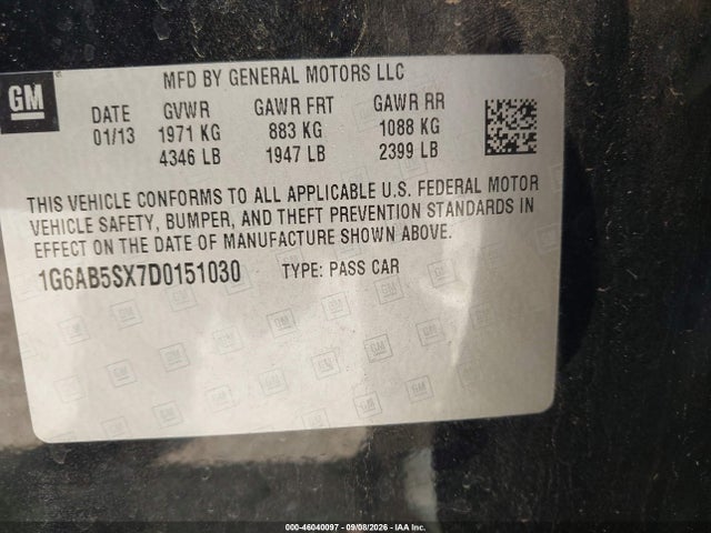 46040097 :رقم المزاد ، 1G6AB5SX7D0151030 vin ، 2013 Cadillac Ats Luxury مزاد بيع