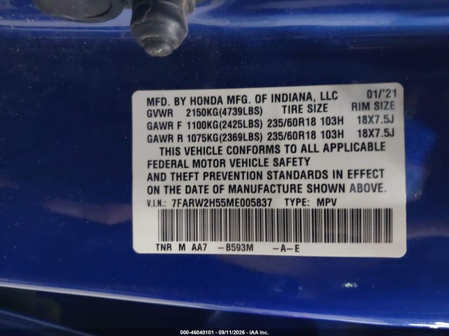 Aukcja sprzedaży 2021 Honda Cr-v Awd Ex, vin: 7FARW2H55ME005837, numer aukcji: 46040101