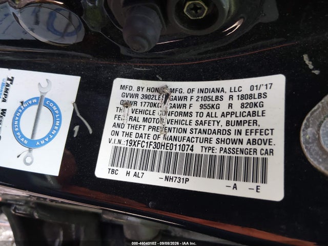 Продажа на аукционе авто 2017 Honda Civic Ex-t, vin: 19XFC1F30HE011074, номер лота: 46040102
