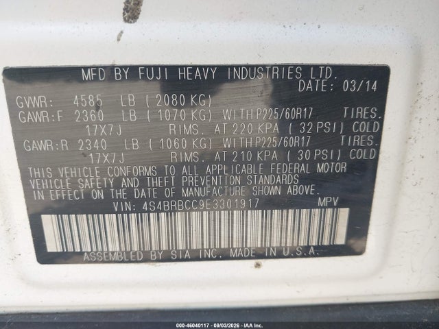 Aukcja sprzedaży 2014 Subaru Outback 2.5i Premium, vin: 4S4BRBCC9E3301917, numer aukcji: 46040117