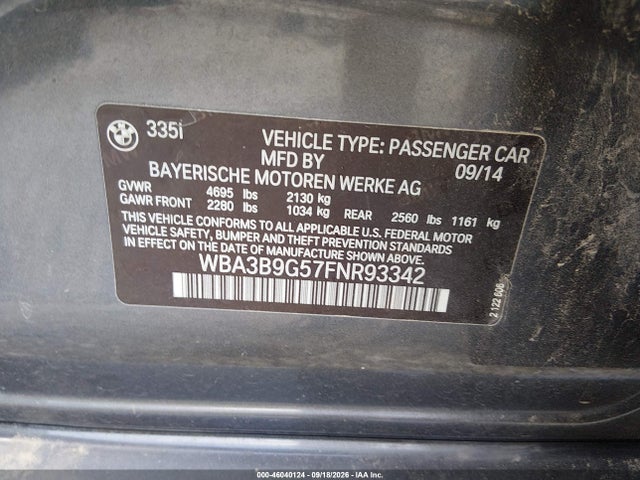 2015 Bmw 335i Xdrive მანქანა იყიდება აუქციონზე, vin: WBA3B9G57FNR93342, აუქციონის ნომერი: 46040124