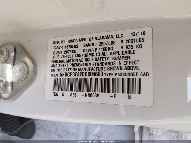 46040128 :رقم المزاد ، 5KBCP3F82BB004600 vin ، 2011 Honda Accord 3.5 Ex-l مزاد بيع