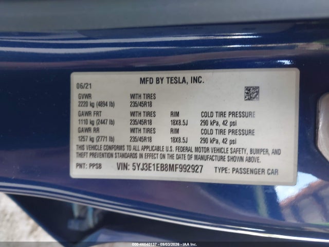Tesla Model 3 Long Range Dual Motor All-wheel Drive 2021 5YJ3E1EB8MF992927 Image 9