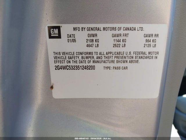 2005 Buick Lacrosse Cx მანქანა იყიდება აუქციონზე, vin: 2G4WC532351248200, აუქციონის ნომერი: 46040143