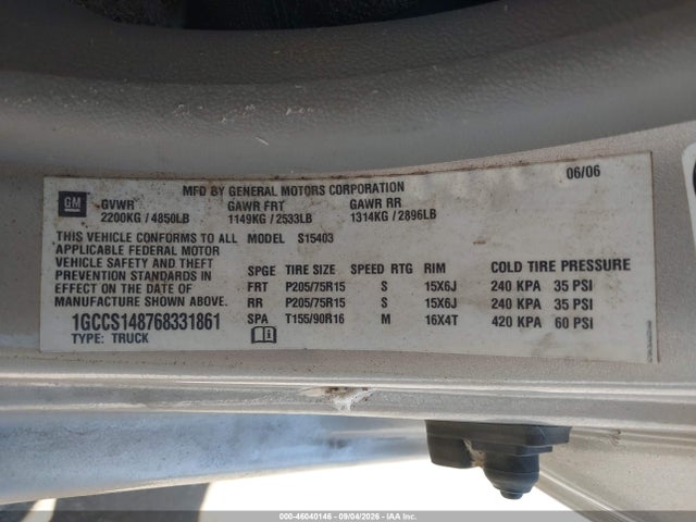 2006 Chevrolet Colorado Work Truck მანქანა იყიდება აუქციონზე, vin: 1GCCS148768331861, აუქციონის ნომერი: 46040146