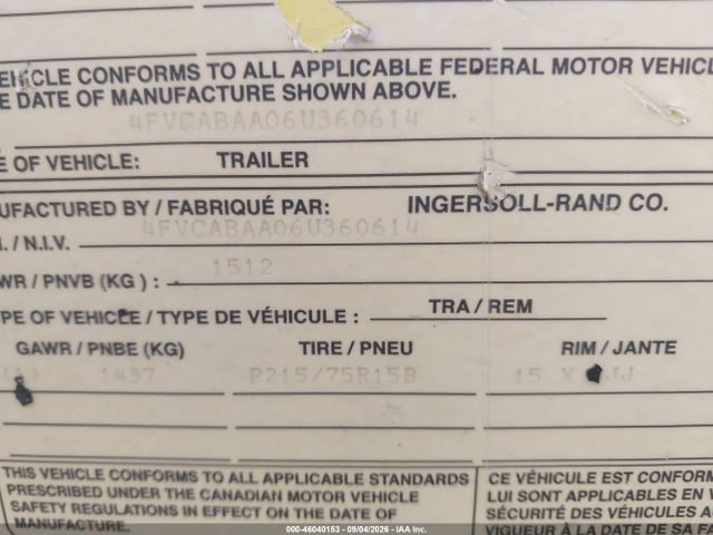 46040153 :رقم المزاد ، 4FVCABAA06U360614 vin ، 2000 Ir Port Compressor 250 مزاد بيع