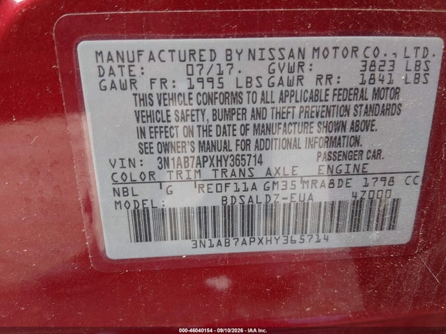 Продажа на аукционе авто 2017 Nissan Sentra Sv, vin: 3N1AB7APXHY365714, номер лота: 46040154
