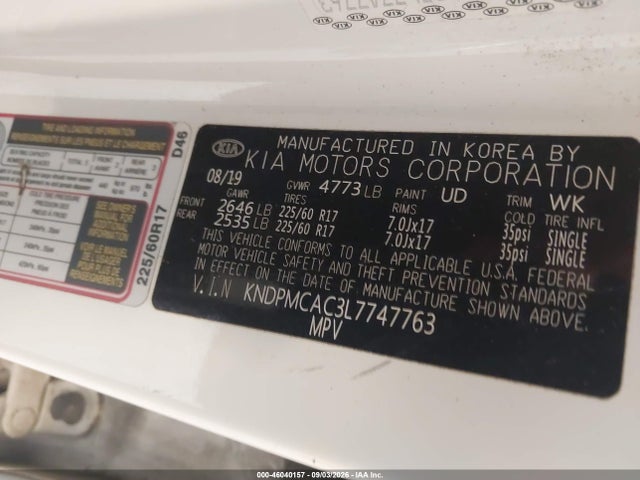 Продажа на аукционе авто 2020 Kia Sportage Lx, vin: KNDPMCAC3L7747763, номер лота: 46040157
