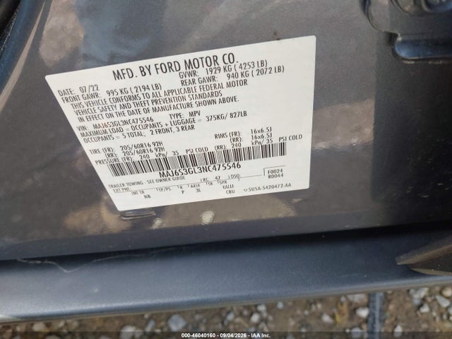 Продаж на аукціоні авто 2022 Ford Ecosport Se, vin: MAJ6S3GL3NC475546, номер лоту: 46040160
