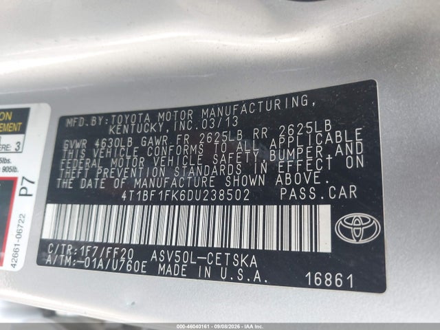 Продажа на аукционе авто 2013 Toyota Camry Se, vin: 4T1BF1FK6DU238502, номер лота: 46040161
