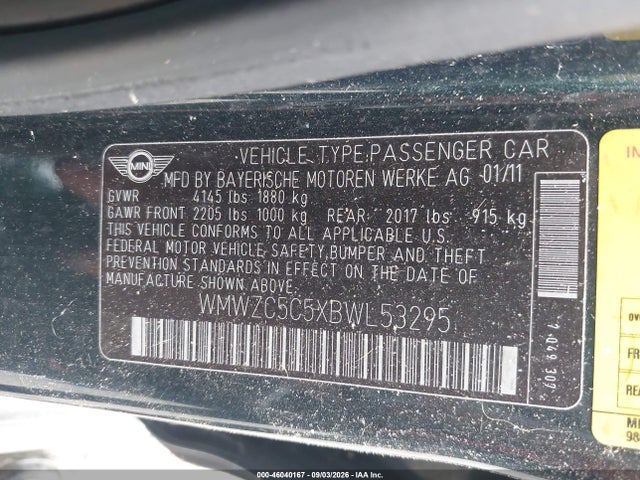 2011 Mini Cooper S Countryman მანქანა იყიდება აუქციონზე, vin: WMWZC5C5XBWL53295, აუქციონის ნომერი: 46040167