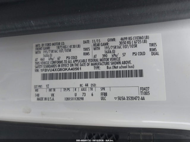 46040174 :رقم المزاد ، 1FBVU4XG8GKA40561 vin ، 2016 Ford Transit-350 Xl مزاد بيع