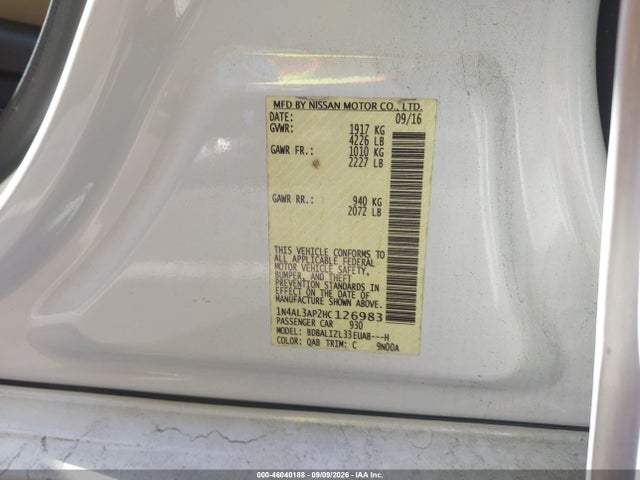 Продажа на аукционе авто 2017 Nissan Altima 2.5 Sv, vin: 1N4AL3AP2HC126983, номер лота: 46040188