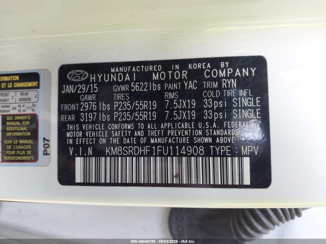 Aukcja sprzedaży 2015 Hyundai Santa Fe Limited, vin: KM8SRDHF1FU114908, numer aukcji: 46040190