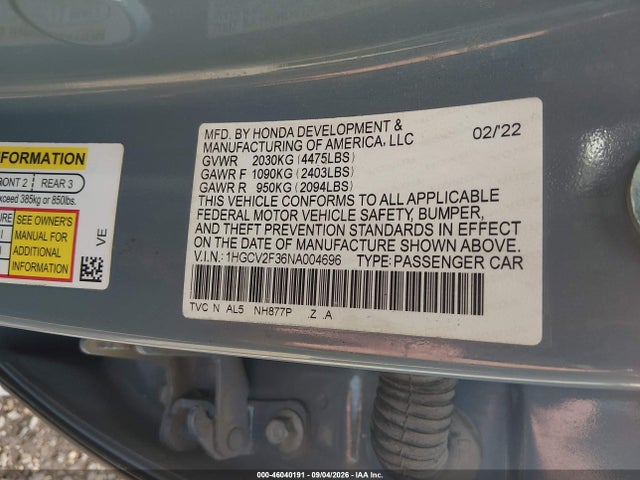 Продажа на аукционе авто 2022 Honda Accord Sport 2.0t, vin: 1HGCV2F36NA004696, номер лота: 46040191