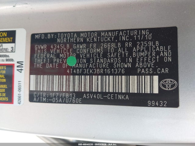 Продажа на аукционе авто 2011 Toyota Camry Le, vin: 4T4BF3EK3BR161376, номер лота: 46040220