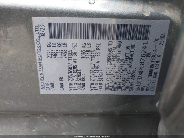 46040229 :رقم المزاد ، 5N1BT3AB8PC876241 vin ، 2023 Nissan Rogue S Intelligent Awd مزاد بيع