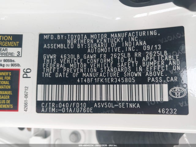 46040234 :رقم المزاد ، 4T4BF1FK1ER345805 vin ، 2014 Toyota Camry Le مزاد بيع
