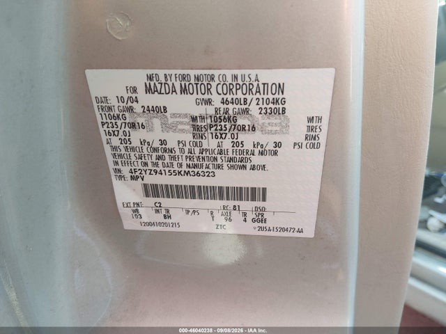 Aukcja sprzedaży 2005 Mazda Tribute S, vin: 4F2YZ94155KM36323, numer aukcji: 46040238