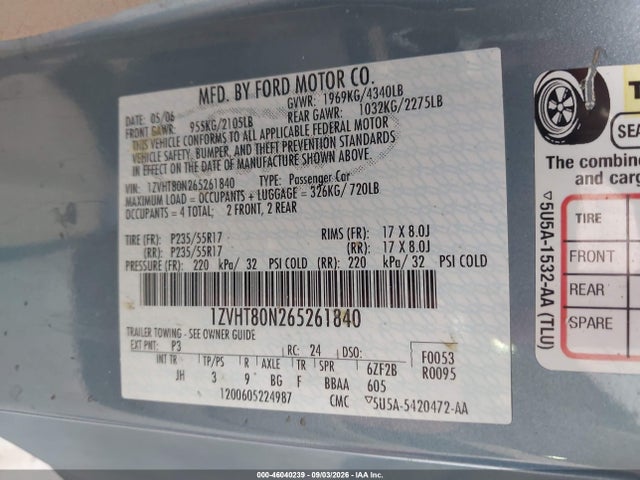 Продажа на аукционе авто 2006 Ford Mustang V6, vin: 1ZVHT80N265261840, номер лота: 46040239