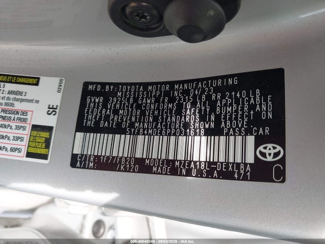 Продажа на аукционе авто 2023 Toyota Corolla Le, vin: 5YFB4MDE6PP031618, номер лота: 46040240