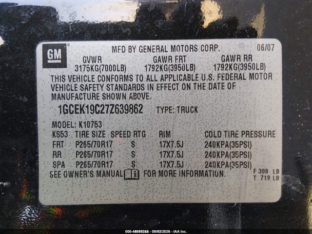 2007 Chevrolet Silverado 1500 Work Truck მანქანა იყიდება აუქციონზე, vin: 1GCEK19C27Z639862, აუქციონის ნომერი: 46040244