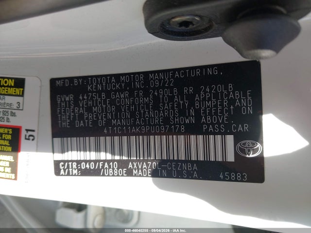 Aukcja sprzedaży 2023 Toyota Camry Le, vin: 4T1C11AK9PU097178, numer aukcji: 46040255