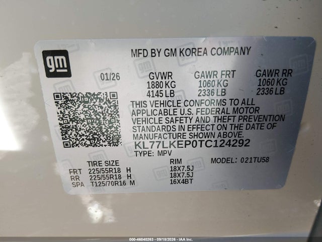 46040263 :رقم المزاد ، KL77LKEP0TC124292 vin ، 2026 Chevrolet Trax Fwd Activ مزاد بيع