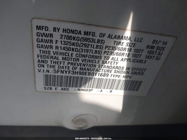 46040278 :رقم المزاد ، 5FNYF3H90EB011689 vin ، 2014 Honda Pilot Touring مزاد بيع