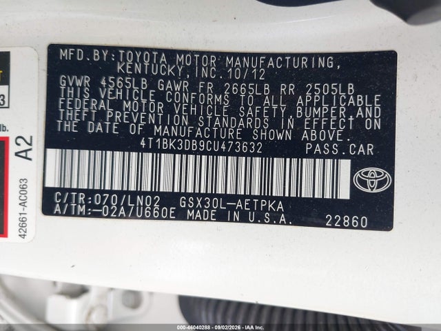 Продажа на аукционе авто 2012 Toyota Avalon Limited, vin: 4T1BK3DB9CU473632, номер лота: 46040288