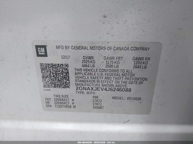 46040294 :رقم المزاد ، 2GNAXJEV4J6246088 vin ، 2018 Chevrolet Equinox Lt مزاد بيع