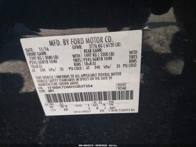 Aukcja sprzedaży 2017 Ford Explorer Xlt, vin: 1FM5K7D86HGB37354, numer aukcji: 46040310