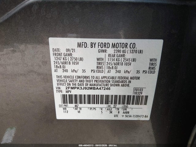 2021 Ford Edge Sel მანქანა იყიდება აუქციონზე, vin: 2FMPK3J92MBA47246, აუქციონის ნომერი: 46040313