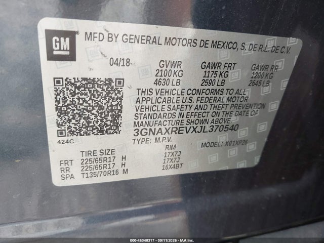 Продаж на аукціоні авто 2018 Chevrolet Equinox Ls, vin: 3GNAXREVXJL370540, номер лоту: 46040317