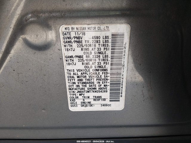 Продажа на аукционе авто 2019 Nissan Rogue Sv, vin: JN8AT2MT7KW254269, номер лота: 46040321