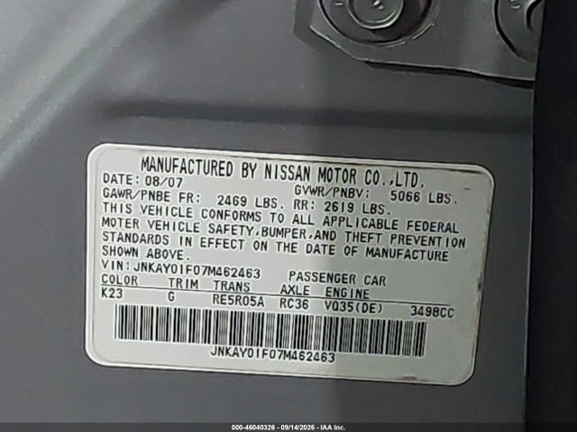 2007 Infiniti M35x მანქანა იყიდება აუქციონზე, vin: JNKAY01F07M462463, აუქციონის ნომერი: 46040326