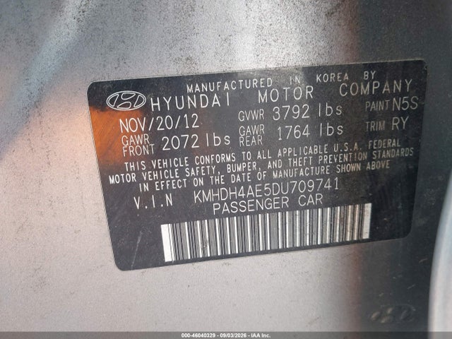 Aukcja sprzedaży 2013 Hyundai Elantra Gls/limited, vin: KMHDH4AE5DU709741, numer aukcji: 46040329