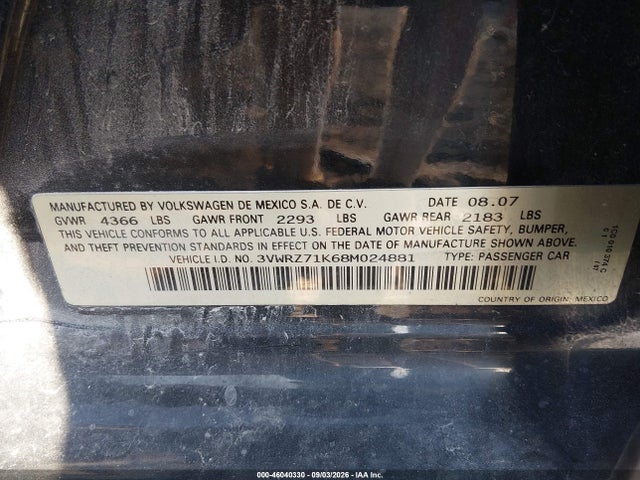 Продажа на аукционе авто 2008 Volkswagen Jetta Se/sel, vin: 3VWRZ71K68M024881, номер лота: 46040330