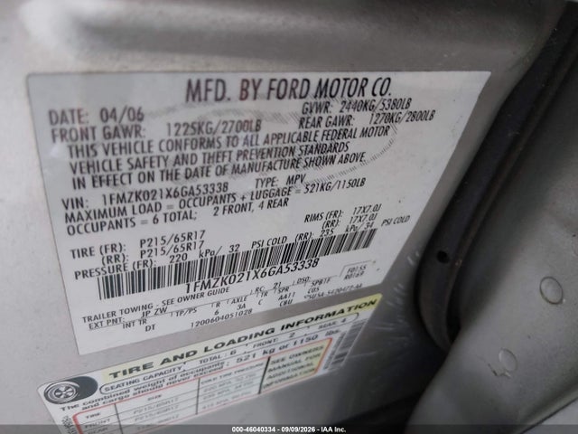 46040334 :رقم المزاد ، 1FMZK021X6GA53338 vin ، 2006 Ford Freestyle Sel مزاد بيع