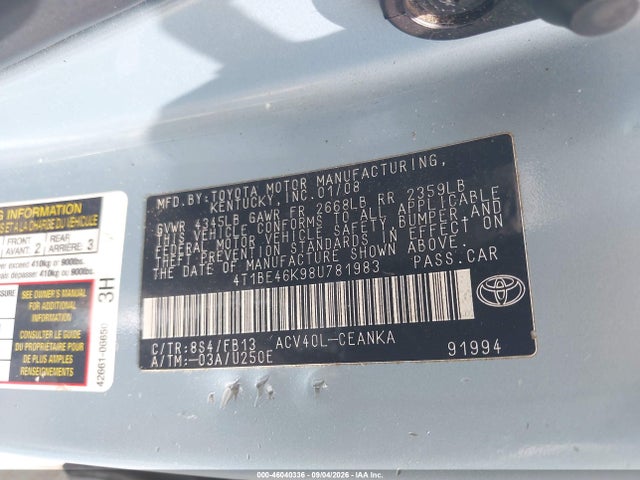 Aukcja sprzedaży 2008 Toyota Camry Le, vin: 4T1BE46K98U781983, numer aukcji: 46040336