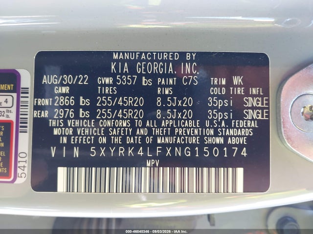 Aukcja sprzedaży 2022 Kia Sorento Sx, vin: 5XYRK4LFXNG150174, numer aukcji: 46040346